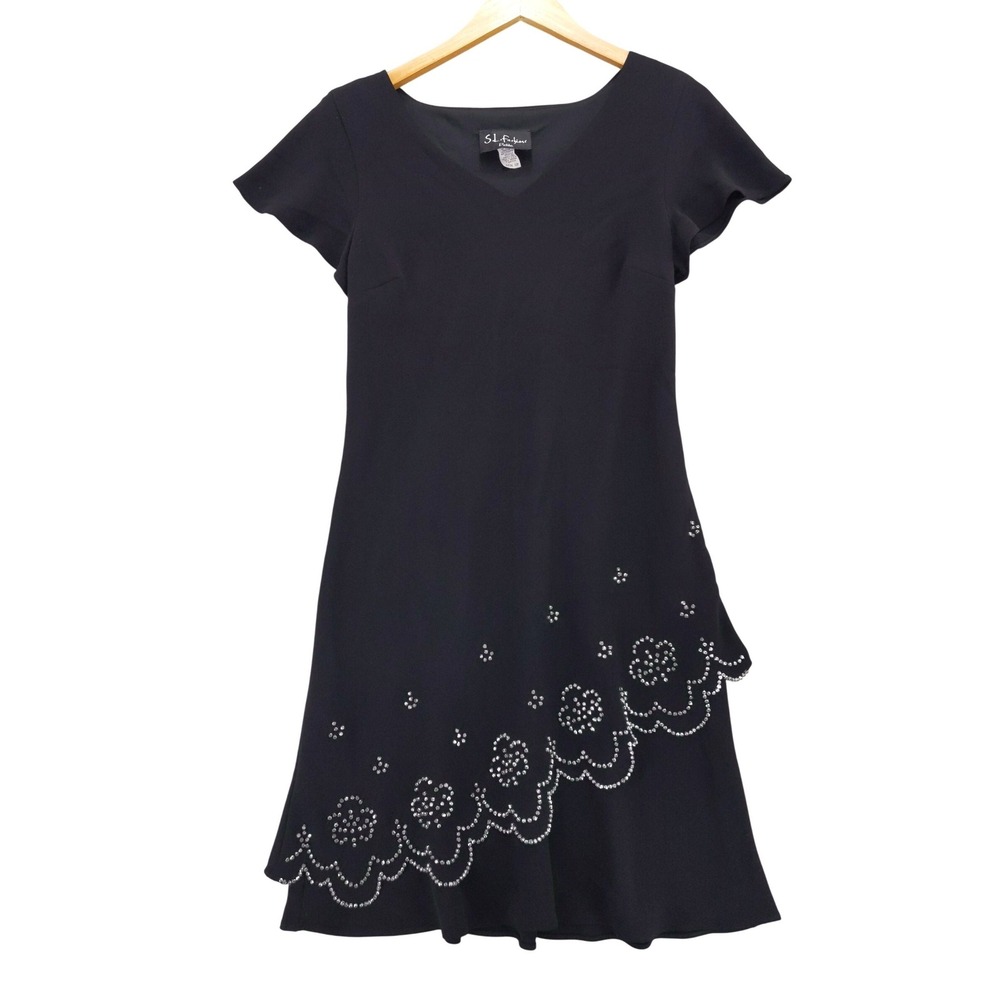 vtg 90s Y2K SL Fashions Dress Sz  12P Black Rhinestone Scalloped Tiered V-Neck‎